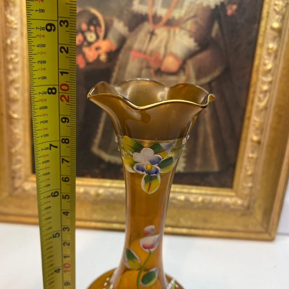 Art Glass Bud Vase Hand Painted Enamel Floral Amber Glass Twisted Stem 8